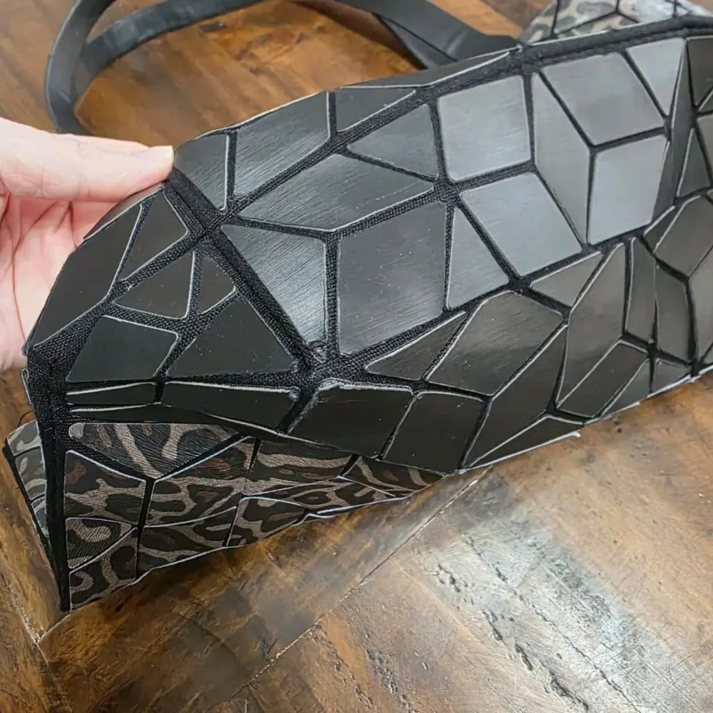 Emilio Pepe Italy Geometric Leopard Print Tote Bag Black 3D Cube Pattern Purse